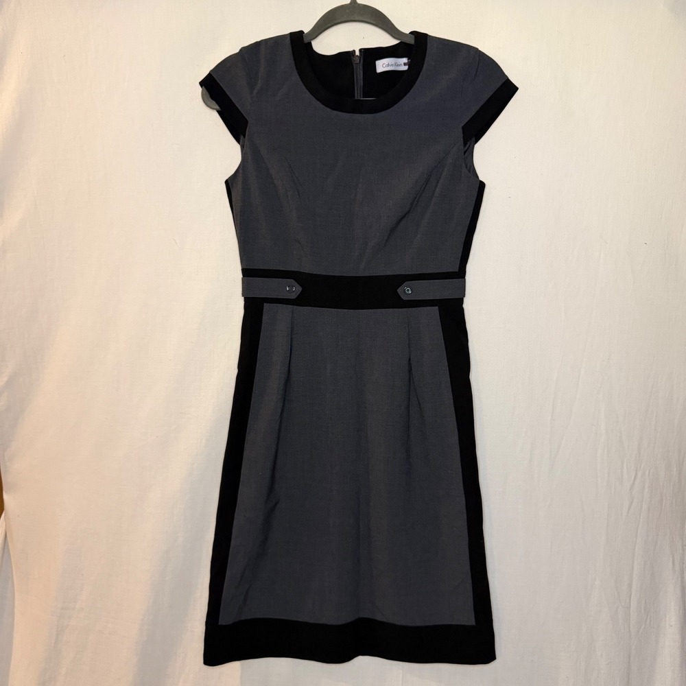 Calvin Klein Womens Gray Black Colorblock Cap Sleeve Sheath Dress Size 2